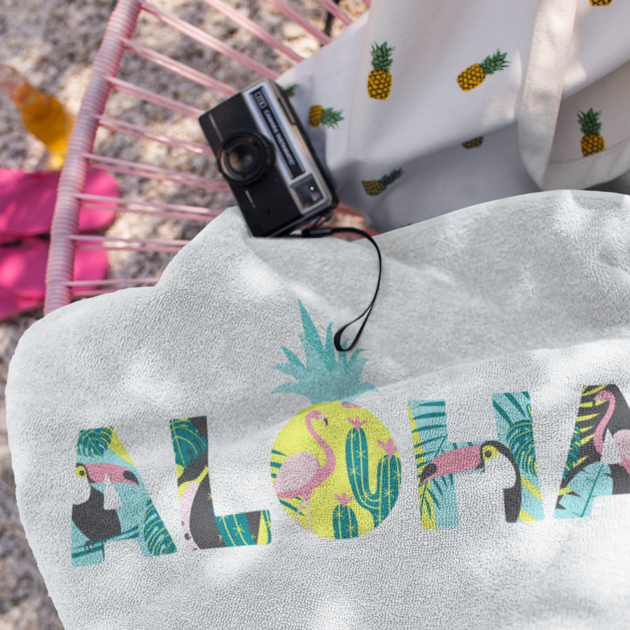 Aloha Pineapple Beach Towel (White) - Happy Pineapple Co.